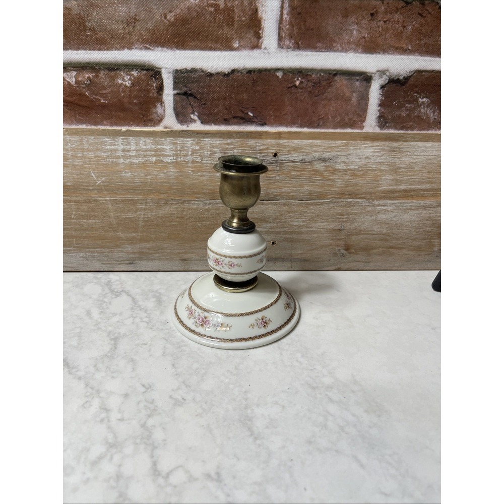 Brass Candle Stick with Porcelain Base 5" Tall